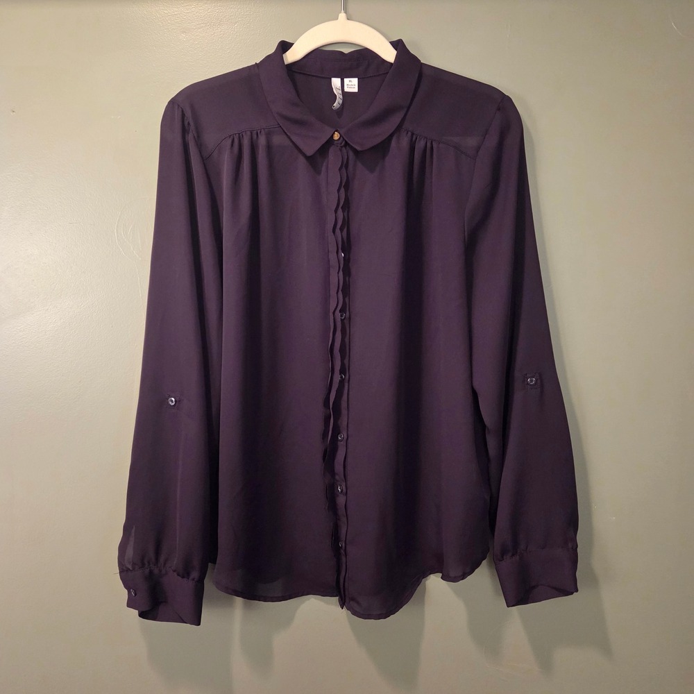 Elle Women's Long Sleeve Button Up‎ Blouse Size XL Dark Purple Ruffle Semi Sheer